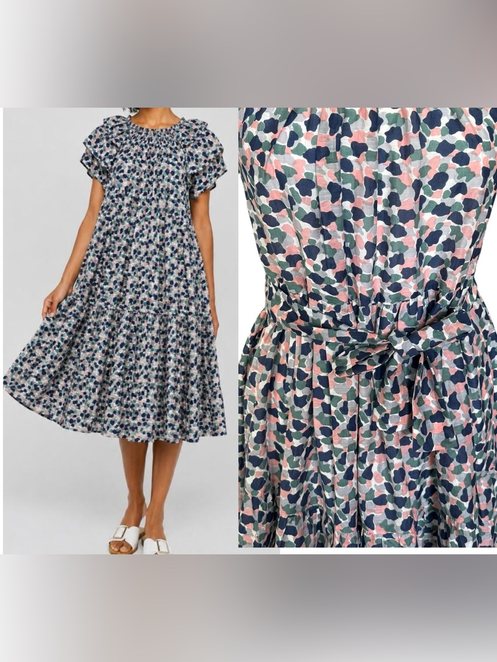 Mirth Vienna Mosaic Ruffle Sleeve Summer  Midi Dress Babydoll Silk Cotton Small